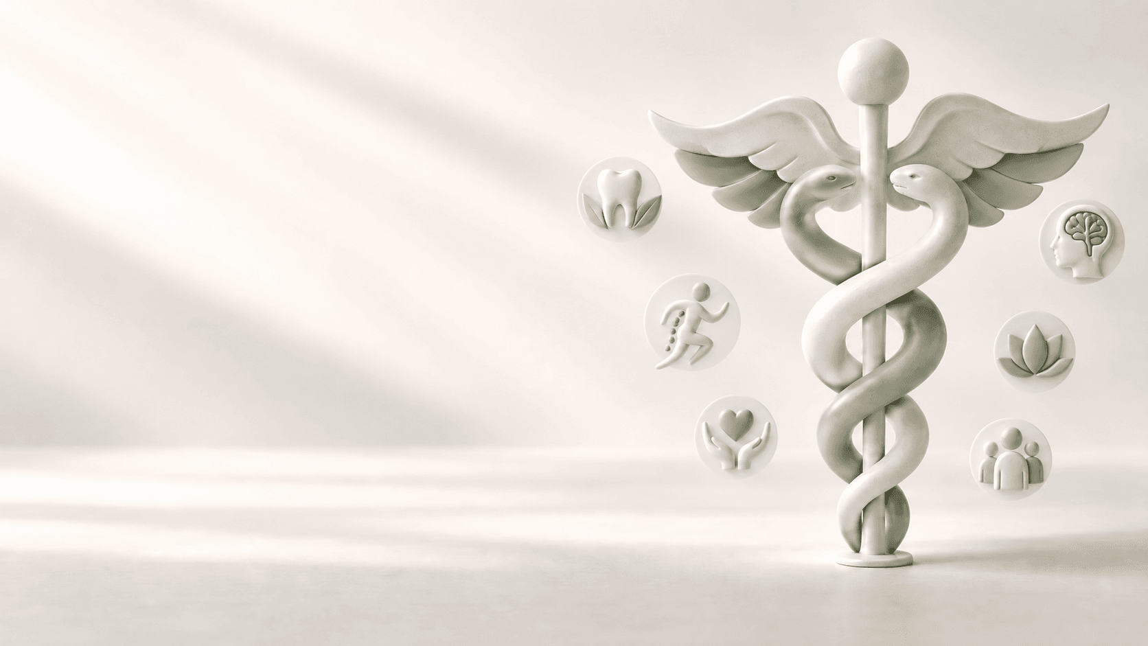 Caduceo 3D rodeado de íconos de especialidades de salud: odontología, kinesiología, salud mental, bienestar y familia